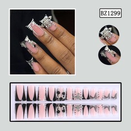 Press on Nails Duck Shaped Glossy Full Cover Medium Acrylic Duck Black French False Nails with Floral Gems Designs Artificial Duck Fake Nails with Charms Glue ons Nails Stick on Fingernails for Women