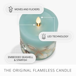 Luminara Flameless LED Candle Soft Teal Embedded Seashell & Starfish Moving Flame Pillar Unscented Real Wax with Recessed Edge, Timer (4.5-inch)