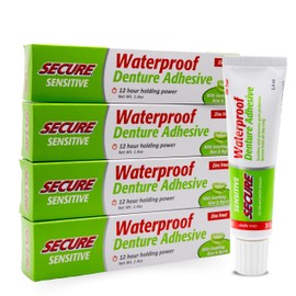 Secure Sensitive Gums Waterproof Denture Adhesive Zinc Free with Aloe Vera & Myrrh - Extra Strong 12 Hour Hold - 1.4 oz (Pack of 4)
