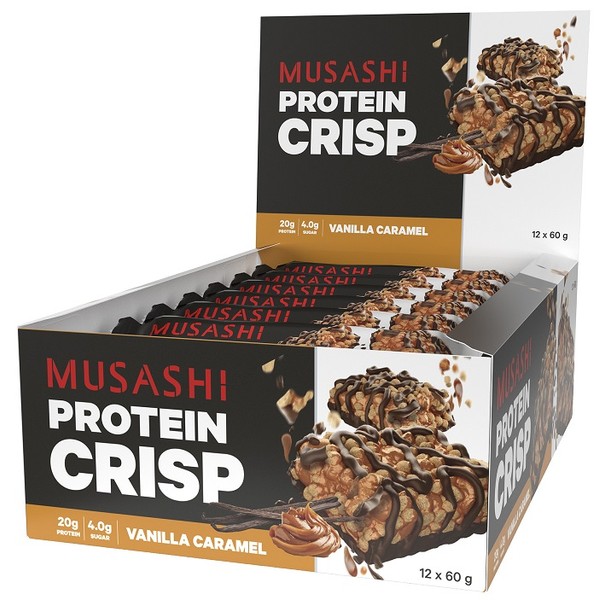 Musashi Protein Crisp Bars 12 x 60g - Vanilla Caramel - Expiry 15/09/24