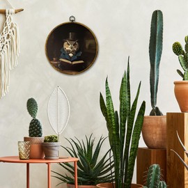 Mcehtle Moody Owl Wall Art Decor, Dark Academia Owl Framed Canvas Prints 10x10, Rustic Cottagecore Bookish Animal Round Wall Hanging Artwork Decorations for Gallery Home Bedroom Livingroom