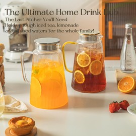 [2 Pack] 71oz Yellow Handle Glass Pitchers – Accent Ribbed Carafe Set for Hot and Cold Beverages, Heat-Resistant Borosilicate Water Jugs with Lid for Tea, Coffee, Juice, Stylish Serving Set