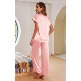 Ekouaer Womens Silk Pajamas Set Satin Pjs with Long Pants Short Sleeve Sleepwear Guipure V Neck Loungewear Pink