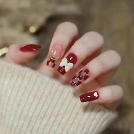 CAEEA Valentine's Day Press on Nails Coffin Medium Fake NailsBallet shoes Red Gradient False Nails with heart Bow Designs Glossy Glue on Nails AcrylicNails 24PCS04