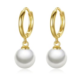 JAXXEL White Pearl Earrings for Women,Hoop Pearl Drop Earrings 18K Gold Plated Hypoallergenic Earrings Pearl Drop Earrings Fine Jewelry for Women Size 10MM