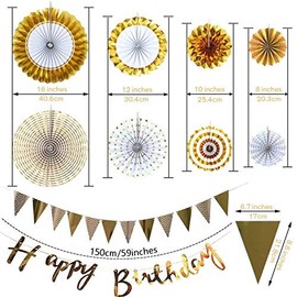 Kit Completo para Fiestas de Cumpleaños, Set de Decoración Premium para Fiesta de Cumpleaños - Banner `Happy Birthday´, Banner de Triangulos, Abanico de Papel Dorado.