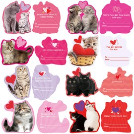 48 Sets Valentine's Day Cards Bulk Cute Cat Kitten Pet Love Greeting Cards Assortment Scratch & Sniff Strawberry Scented Cards with Envelopes Heart Stickers Tattoo for Kids Classroom Gift Exchange