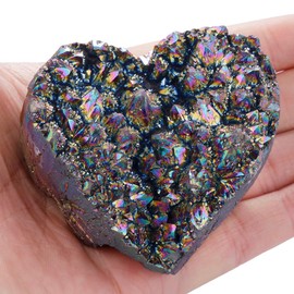 Rockcloud Natural Titanium Coated Crystal Quartz Cluster Druzy Geode Heart Shape Gemstone Figurine for Meditation Reiki Healing Home Decoration, Rainbow