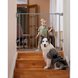 Babelio 26-43" No Bottom Bar Baby Gate for Babies, Elders and Pets, 2-in-1 Hardware Mount Dog Gate for The House, Stairs and Doorways, with Large Walk Thru Door, Grey