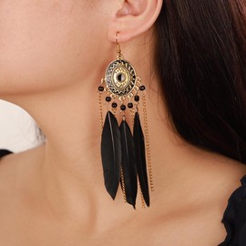 Jumwrit Vintage Feather Tassel Earrings Bohemian Long Golden Chain Beaded Earrings Ethnic Dangle Drop Earrings Handmade Faux Feather Fringe Lightweight Hook Earrings for Women (Black)