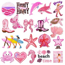 20Pcs Coastal Cowgirl Iron on Patches Summer Beach Embroidered Patches for Hats Ocean Sew on Patches for Backpacks Clothes Jeans（Pink）
