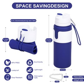 huoflame Collapsible Water Bottles for Travel - 26oz BPA-Free Foldable with Carabiner, Lightweight Leak-Proof Design, Portable Reusable Bottle for Hiking, Airplane, Camping (Blue)