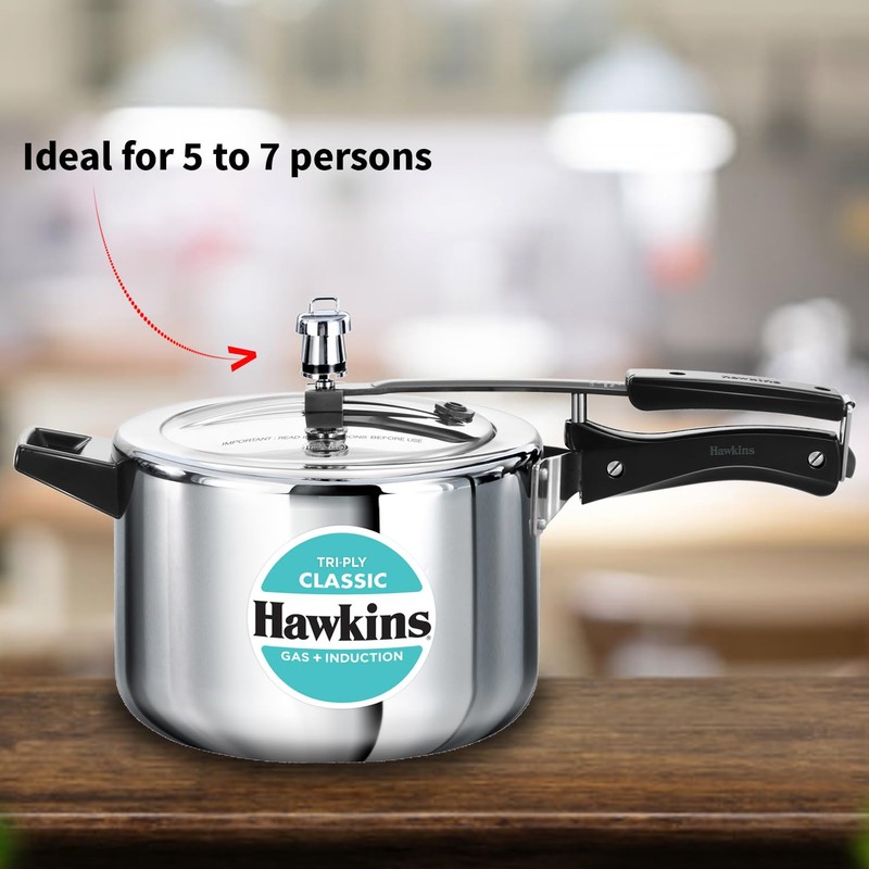 Hawkins Classic 5 Litre Tri-Ply Pressure Cooker, Triply Stainless Steel