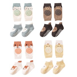 WUFGWBD 4 Sets Of Knee Pads And Socks, Baby Knee Socks, Cute Cartoon Knee Socks, Baby Climbing Aids, Non-Slip Knee Socks