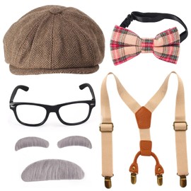 Yewong 1920s Kids Old Man 100 days of School Grandpa Costume Accessories Set with Newsboy Hat Suspenders Kit