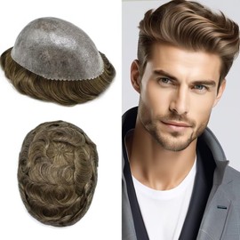 RESHE Toupee for Men All Poly Mens Toupee Human Hair Replacement System 0.1mm PU Injected Man Hair Piece Black Brown Blonde Gray Male Wigs 8"x10" #710 7# VERY LIGHT BROWN WITH 10% SYNTHETIC GREY