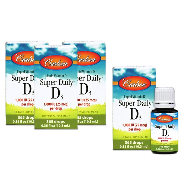 Carlson - Super Daily D3, 1000 IU (25 mcg) per Drop, Heart & Immune Health, Liquid Vitamin D3, Unflavored, 365 Drops (4 Pack)