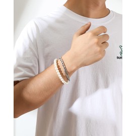 TGOLM Double Layer Faux Pearl Bracelet Men with Figaro Link Chain Wrist Bracelets Set Male Gift