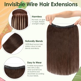 Benehair #2 Dark Brown Real Hair Secret Wire Extensions Remy Human Invisible Wire Hair Extensions with Clips One Piece Adjustable Straight 20 Inches (70g)