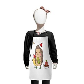 Ambesonne Hedgehog Apron, Cartoon Hedgehog with Bird and a Christmas Tree Pulling Sled Holiday Themed Image, Small Apron Bib with Adjustable Ties for Baking Painting, Small Size, Multicolor