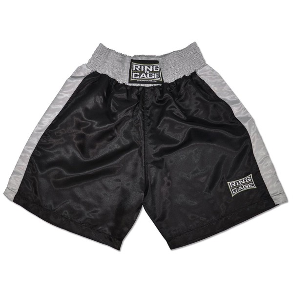 Ring to Cage Traditional Boxing Trunks, Black/Silver, Kids and Adult Sizes (Medium (Waist 30-32"))