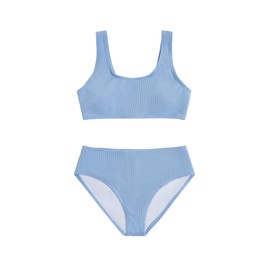 Milumia Girl's 2 Piece Bathing Suit Solid Sport High Waist Bikini Set Swimsuit Light Blue 12 Years