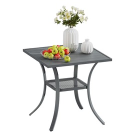 VICLLAX Small Patio Dining Table for 2/4, Square Metal Slatted Tabletop with Storage Shelf for Front Porch Lawn Garden, Dark Grey Tabletop(No Umbrella Hole)