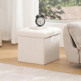 LUSIMO Folding Storage Ottoman Bench, 15 Inch Boucle Small Ottoman Foot Rest for Couch, End of Bed Bench with 397 lb Capacity, Storage Chest for Living Room, Bedroom, Entryway White