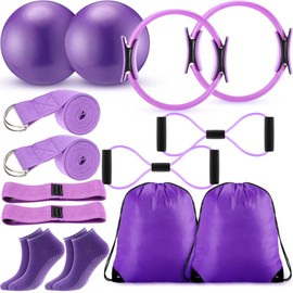 Poen 14 Pcs Home Pilates Kit for Women Pilates Equipment Ring and Ball Set with Stretching Strap 8 Resistance Bands Non Slip Socks Gym Back Bags Exercise Equipment for Workout (Purple)