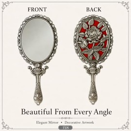 Espejo de mano clásico con rosa en relieve en la parte posterior, espejo de metal de belleza de mano, cartera compacto, espejo pequeño (plata mate)