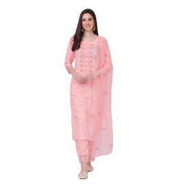 TRENDMALLS Women's Cotton Embroidery Kurta Pant Suit Set (TM.G103-LightPink-M)