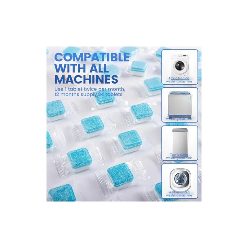 24 Pack Efervescentes Limpiador Tabletas Lavadora, JASUVII Detergente desincrustante para