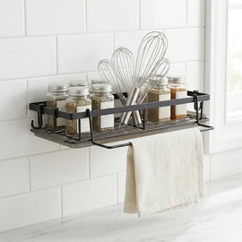 Sink Organiser with Drip Tray, Dish Cloth Holder and 4 Hooks, Hanging Sponge Holder, Kitchen Carbon Steel, Sink Caddy Black, Sink Organiser for Kitchen Accessories, Sponge Brush, Dish Soap