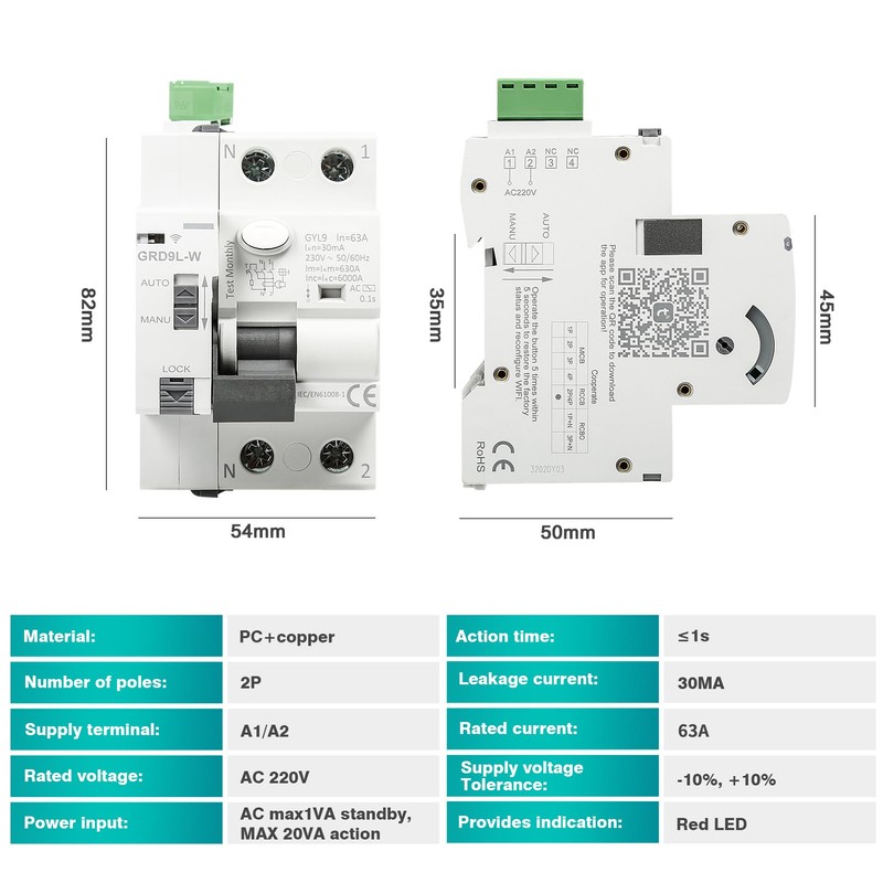 FI Circuit Breaker 63A 30MA 2-Pin Automatic Circuit Breaker WiFi
