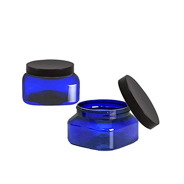 (50 Pack) 8 Oz Jars with Lids, COBALT BLUE Plastic Square Jars, with Smooth Black Plastic Lids - 70mm - 240mL Volume - Empty Jars by Grand Parfums