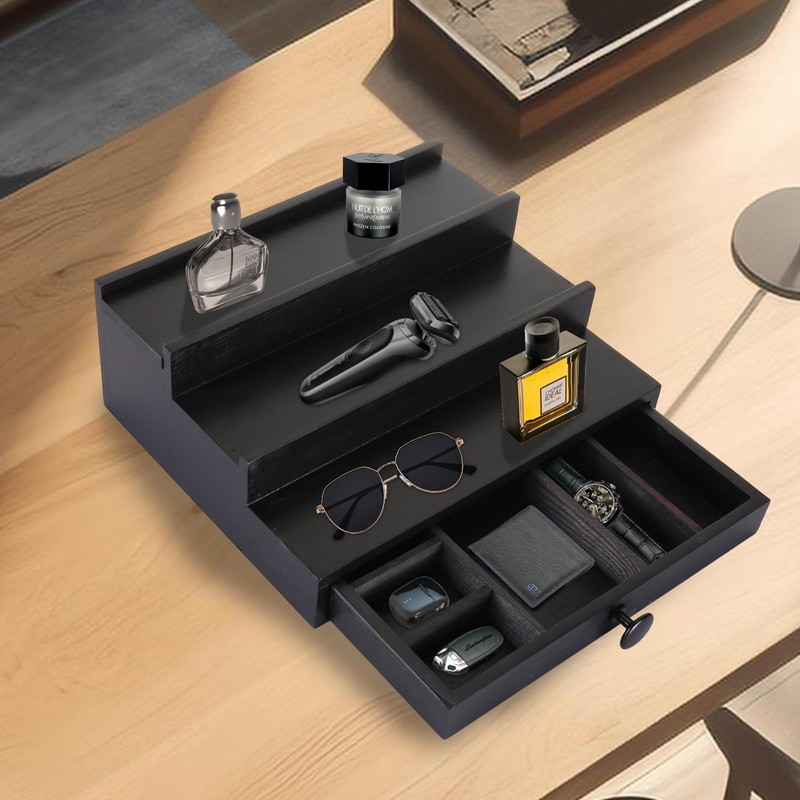Black Wooden Cologne Organizer for Men - 3 Tier Wooden