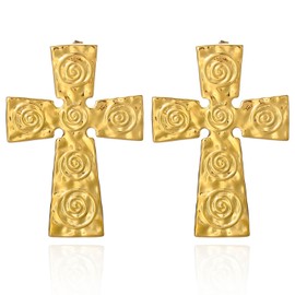 Aksod Cross Earrings for Women Gold Hammered Earrings Studs Retro Crucifix Texture Earrings Religious Jewlery for Women (Gold)