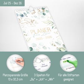 Häfft® Planner for Two 2025/2026 Compact "Gold Leaf" Couple Planner with 3 Columns, Couple Calendar, Wall Planner, Wall Calendar for 18 Months: July 25 to Dec 26 - Sustainable and Climate Friendly