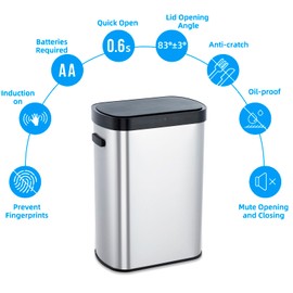 Garvee 50 Liter/13 Gallon Trash Can for Kitchen, Touchless Rectangular Motion Sensor Trash Can, Automatic Motion Sensor Garbage Cans, Smart Waste Bin with Lid for Kitchen Office Living Room, Silver