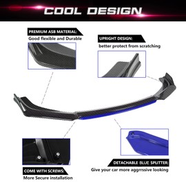 Xotic Tech Front Bumper Lip Chin Spoiler Splitter Diffuser Protector Body Kit with Adjustable 8"-11" Support Rod Compatible with Honda Accord Civic or VW MK5 MK6 MK7 or Kia Optima, Carbon Black w/Blue