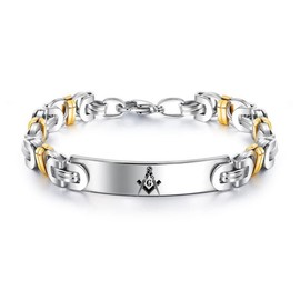 KBNSUIAN Stainless Steel Mason Symbol Bracelet Chain for Men Women, Gold Silver Tone Freemason Emblems Byzantine Link Bracelet with Lobster Claw, Masonic Compasses Masonry Jewelry
