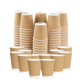 CHEF ROYALE 100 x 8oz Disposable Coffee Cups - Takeaway Paper Cups for Hot & Cold Drinks - Kraft Triple Walled Disposable Paper Ripple Cups - Reusable Takeaway Coffee Cups - Tea Cups