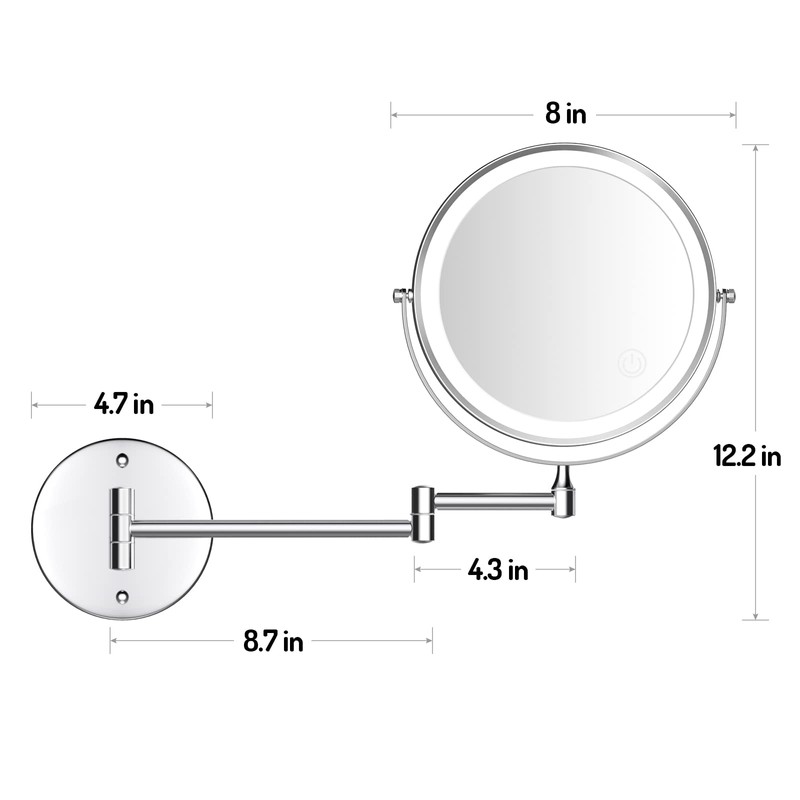 Rocollos Rechargeable Wall Mounted Lighted Makeup Mirror, 8 Inch Double-Sided