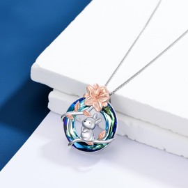MEIDERBO Rabbit Necklace for Women 925 sterling silver Lily Flower Pendant Bunny Necklace Blue Crystal Jewelry for Christmas Birthday, 25*20.4mm, Sterling Silver, No Gemstone