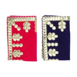 Set of 2 Blue & Pink Velvet Pooja Cloth Mat Aasan Decorative Cloth (Size:- 8 Inches X 12 Inches) for Multipurpose Pooja Puja Indian Traditional Cultural Decorations Item & Article
