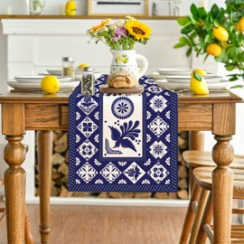 Mexican Table Runner Blue Patchwork Tiles Table Cover Mexican Fiesta Talavera Floral Bird Decor Mexican Dia De Los Muertos Decorations for Simple Life Home Party