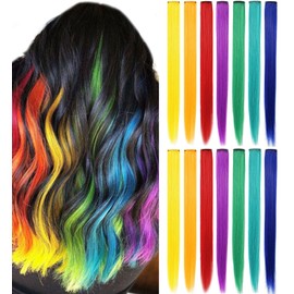 Rainbow Hair Extensions for Girls Clip-In Coloured Hair Extensions Colourful Hairpieces Party Highlights Straight Synthetic Multiple Colours Wig Pieces for Women (Clolorful Set)