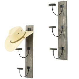 MyGift Wall Mounted Black Metal Wire Vertical Hat Rack with Vintage Gray Solid Wood Backing, Wall Baseball Cap Display, Entryway Hat and Coat Storage Hooks, Set of 2