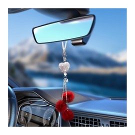 povtii Bling Car Hanging Ornament, Cute Love Heart and Plush Ball Pendant for Auto Rear View Mirror, Lucky Diamond Rearview Mirror Charm for Women Girls, Car Accessories (Wine Red, Heart)