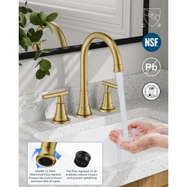 FORIOUS 8 Inch Gold Bathroom facuet 3 Hole, 8" Brushed Gold Bathroom Sink Faucet Widespread with 360° Swivel Spout and Spare Water-Saving Aerator and Drain, 3 Piece Vanity Tap for Rv Restroom Upgrade